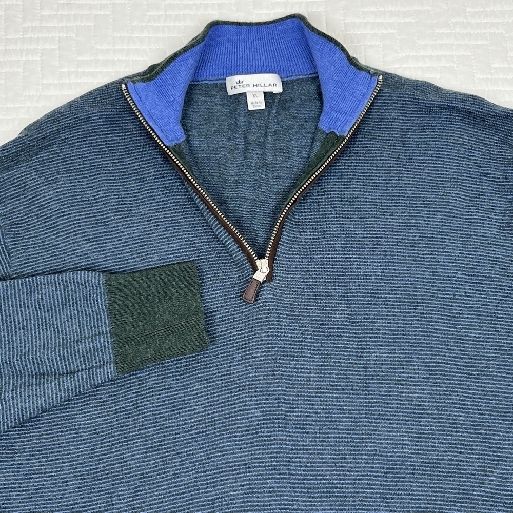 PETER MILLAR Needle Stripe 1/4 Zip Merino Wool Sweater Pullover Blue Mens XL ?